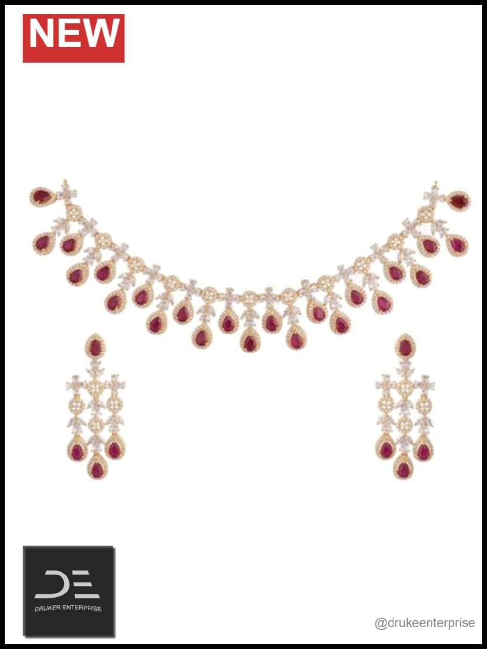 Gold Plated CZ Indian Necklace Earrings Set Brass Floral Drop Jewelry Set